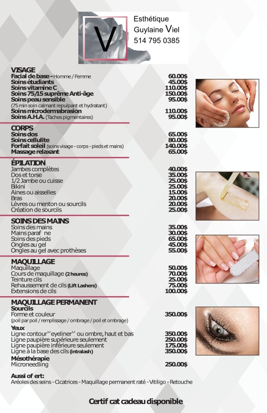 Liste soins esthétique et tarifs